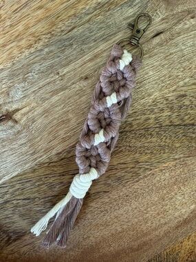 Macrame Keychain Handmade Boho, Bag Charm, Mink and White